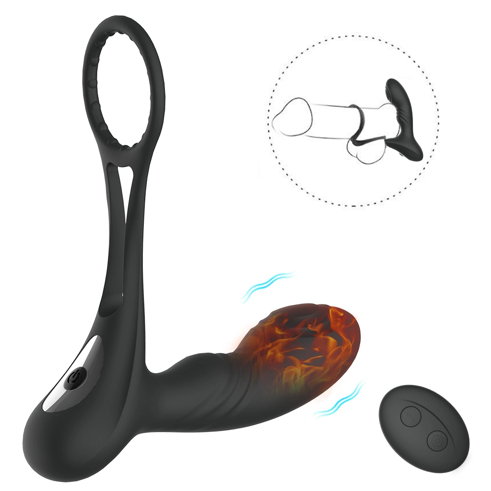 Thrusting Anal Vibrator with Thick Penis Ring Vibrating Telescopic C Dildo Shaped Anal Plug Sex Toy